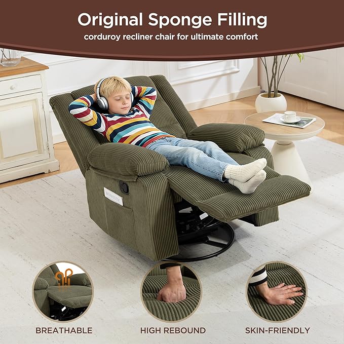 360° Swivel Rocker Recliner Chair for Adults Manual Reclining Chair with Comfortable Arms and Back Upholstered Glider Rocking with Side Pockets for Living Room Bedroom Corduroy Green