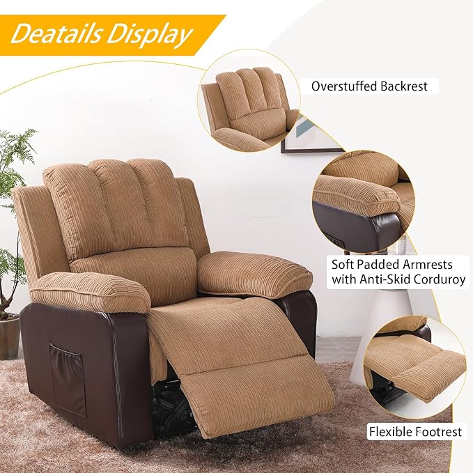 PU Power Recliner Sofa Ergonomic Lounge Chair Corduroy 8-Pointpower Recliner Heat Massage Electric Recliner Chairs with Side Pockets Brown Single Couch Comfy Chair for Bedroom Living Room