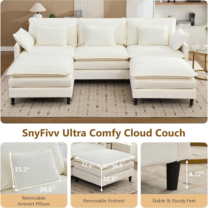 113 Chenille Modular Sectional Sofa Convertible L Shaped Modular Sofa Comfy Cloud Couch with Ottoman Side Pockets and 5 Throw Pillows for Living Room (White 113 - 5 Seats)