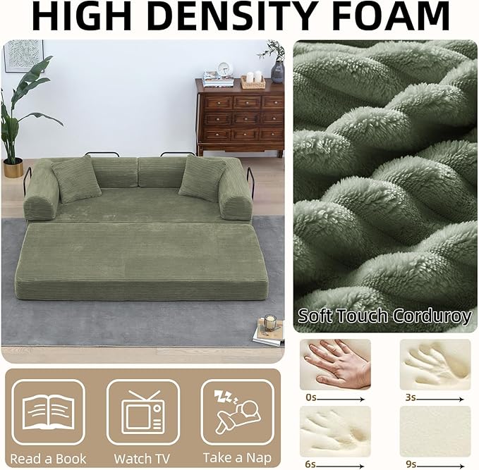 Convertible Folding Sofa BedFold Out Floor Sofa Couch with Fixed-Shape FrameCorduroy Foldable Mattress Cloud Couch for Living Room Bedroom (Light Green 78 Inch)