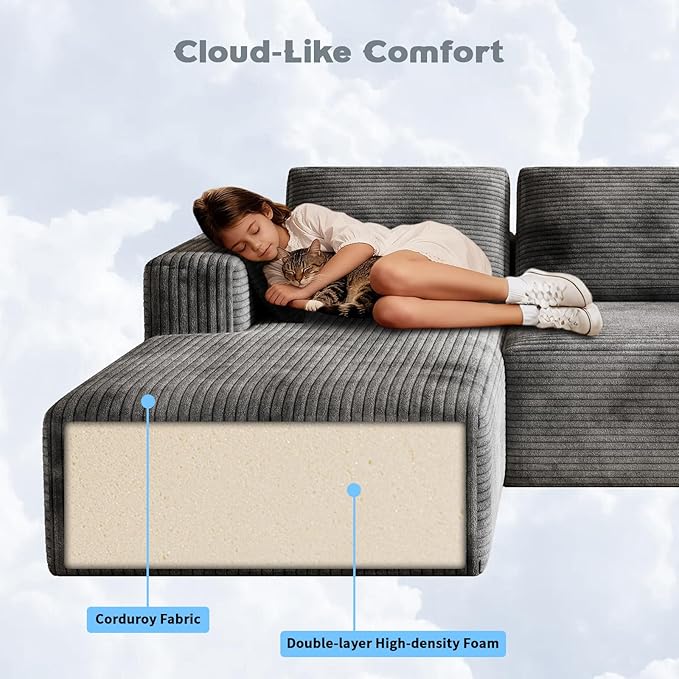 106 Corduroy Sectional Couch Boneless L Shaped Couch with Deep Seat Cloud Foam Sofa with Oversized Chaise Sectional Sofa No Assembly Needed for Living Room