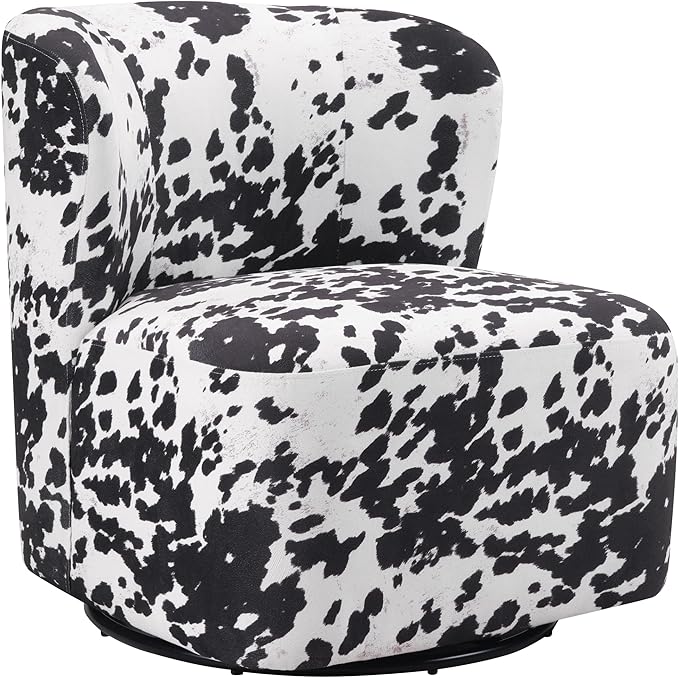 OSP Home Furnishings Lucia Modern Barrel Swivel Accent Chair Black Cow Print Fabric