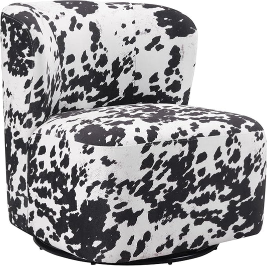 OSP Home Furnishings Lucia Modern Barrel Swivel Accent Chair Black Cow Print Fabric