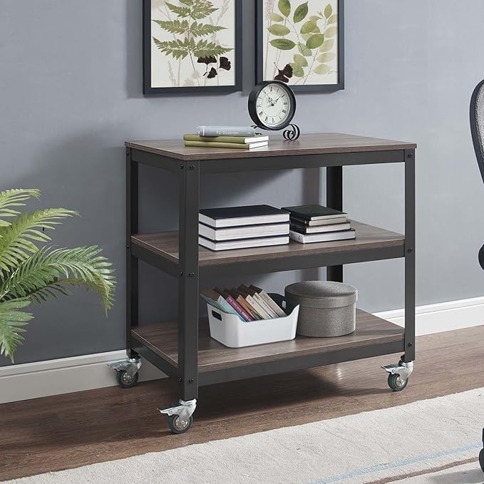 Modway Vivify Industrial Modern Three Tiered Serving Stand Rolling Cart in Gray Walnut