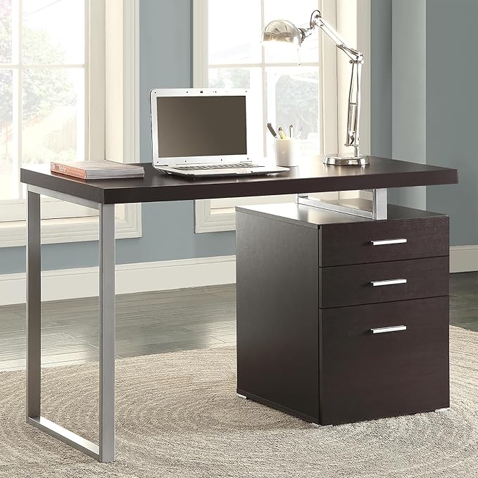 Penau Cappuccino 3-Drawer Reversible Office Desk with Metal Legs Spacious Work Surface Contemporary Design