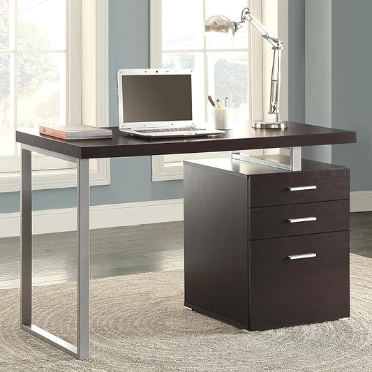 Penau Cappuccino 3-Drawer Reversible Office Desk with Metal Legs Spacious Work Surface Contemporary Design