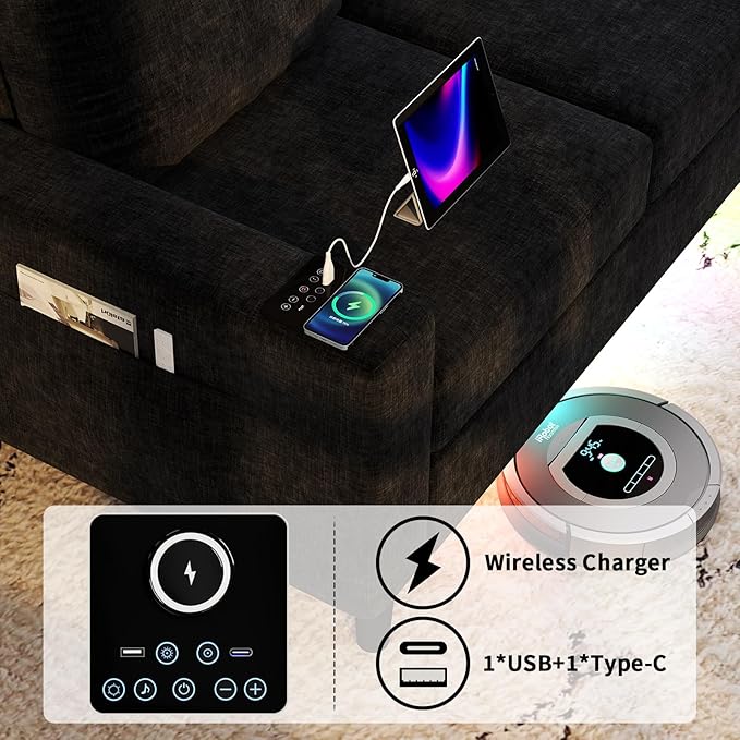 Sectional Couches for Living Room 6 Seat Chenille Sectional Sofa with Smart Module-Wireless Charging/USB/Type-C/RGB Light U Shaped Couch with 2 Movable Storage Ottomans (Black)
