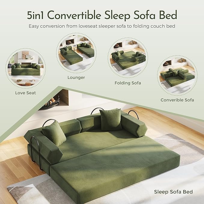 79'' Convertible Sofa Bed 5-in-1 Folding Sleeper Couch with Pull Out Bed Corduroy Modular Floor Sofa No Assembly Space Saving Guest Bed for Living Room Apartment Bedroom (Dark Green1) | Convertible
