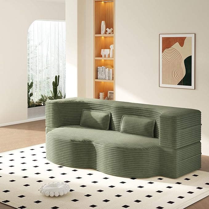 78” Floor Sleeper Sofa Bed Modern 2 in 1 Full Size Foldable Mattress with 2 Pillows Convertible Boneless Couch with Deep Seat for Living Room No Assembly Required (Green &amp Corduroy) | No Assemb