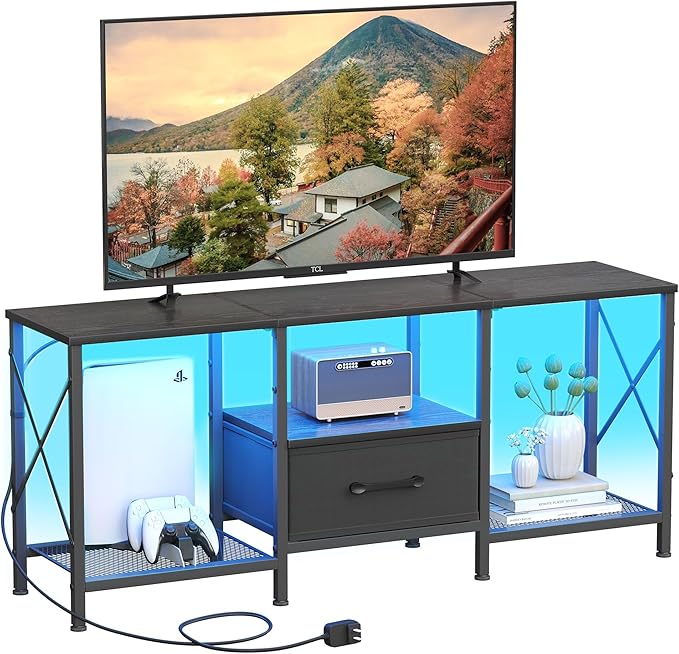 LED TV Stand with Fabric Drawer Entertainment Center for 50 55 Inch TV Industrial TV Console Table with Open Storage Shelves for Living Room Bedroom Black