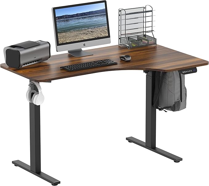 SHW 55-Inch Large Electric Height Adjustable L-Shaped Standing Desk with Right Facing Corner Walnut