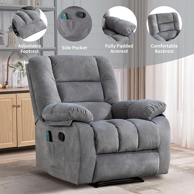 Massage Recliner Chair with Heat and Massage Ergonomic Overstuffed Breathable Fabric Reclining Chairs Single Sofa Chair with Side Pockets for Living Room Home Theater (L-Gray)