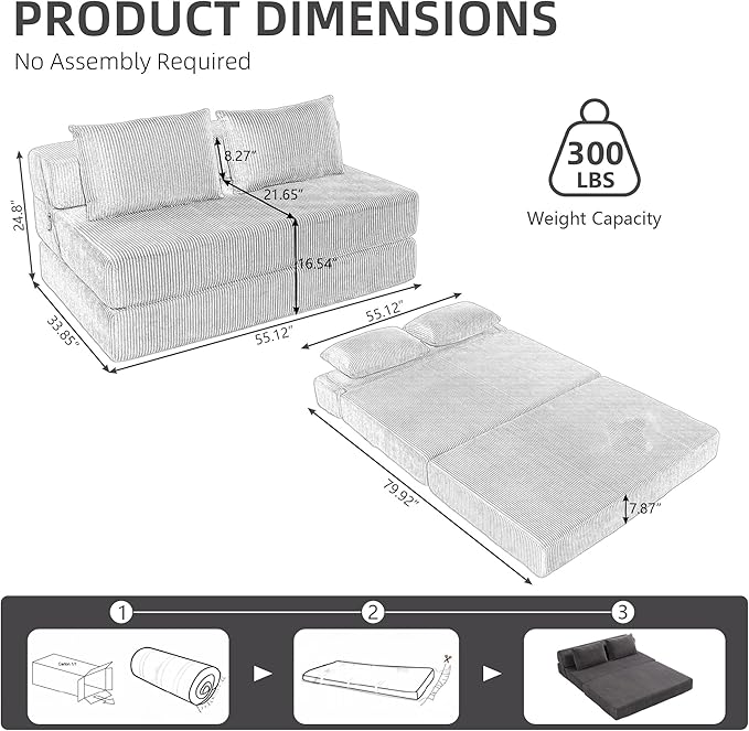 GNIXUU Fold Out Couch 3-in-1 Convertible Futon Sofa Bed with 2 Pillows Corduroy Foldable Floor Chair Boneless Loveseat Couches for Living Room Bedroom Small Spaces Gray