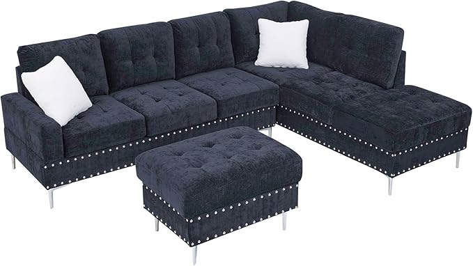 ERYE 102-Inch L-Shaped Corner Sectional Sofa Chenille Upholstered Tufted Corner Sofa Couch with Storage Ottoman and Nailhead DecorModern L-Shaped Convertible Couches