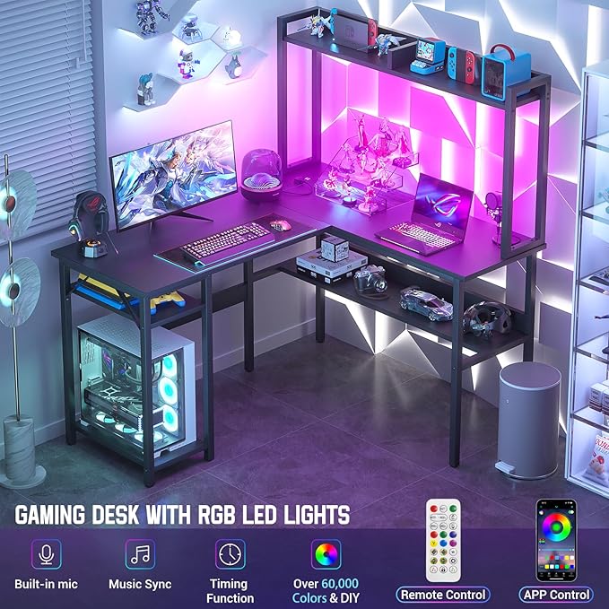 Unikito L Shaped Gaming Desk with LED Strip and Power Outlets Reversible L-Shaped Computer Desk with Storage Shelves Corner Desk with Hutch 2 Person Home Office Desk Black