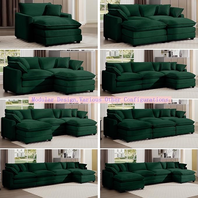 Aoowow Corduroy 4 Seater Sofa CouchModern Large Cloud Couches for Living RoomTufted Modular Sectional Cloud Sofas with Deep SeatOversized 4 Seat Sofa Set (Green 4 Seater)