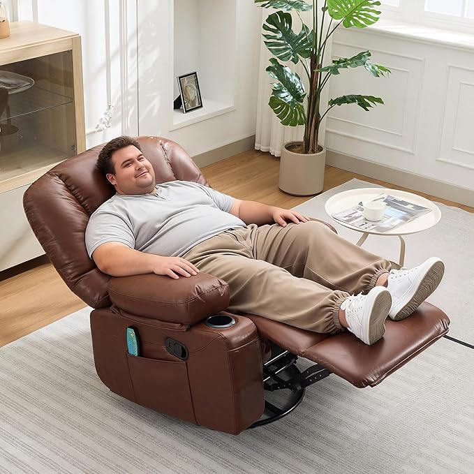 Rocker Recliner Chair with Heat and MassageNursery Recliner 360° Swivel Oversized Chairs for AdultsPU Leathe Lazy Boy Single Sofa Seat with 3 Positions Side PocketsCup Holders for Living Room