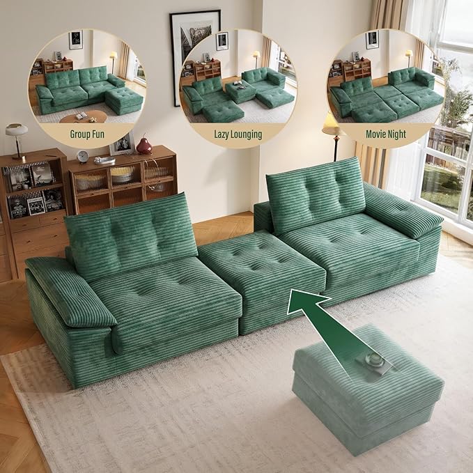 109.5 Loveseat Sofa with Ottoman Corduroy L Shape 3 Seater Couch Modular Sectional Couch for Living Room Small Spaces Apartment No Assembly Required Green