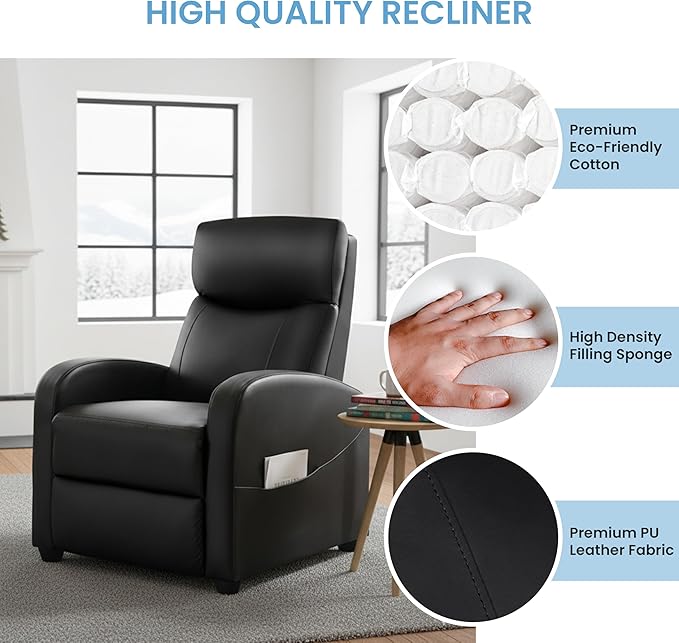 Simple Deluxe Recliner Chair - Adjustable Push Back PU Leather Recliner Plush Reading Chair &amp Luxe Sofa Chair for Living Room Chairs or Bedroom Chair Single Recliner for Home Theater