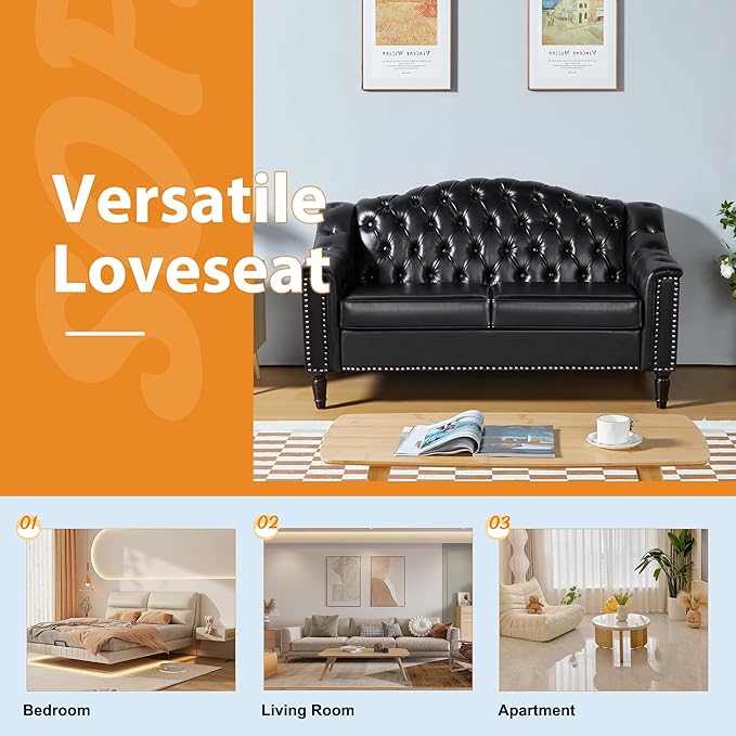 AVZEAR Chesterfield Loveseat Sofa Mid-Century Modern Upholstered PU Sofa 2 Seater Couch with Nailhead Trim and Button Tufted for Living Room Office Bedroom Black