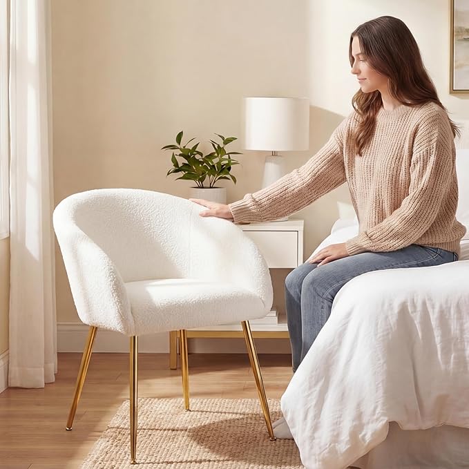 Modern Vanity Chair Living Room Chair with Gold Metal LegsTeddy Fabric Dining Chair Comfy Accent Chair for Makeup Room Waiting Room Dressing Room Bedroom Dining Room Home Office (White 2PCS)