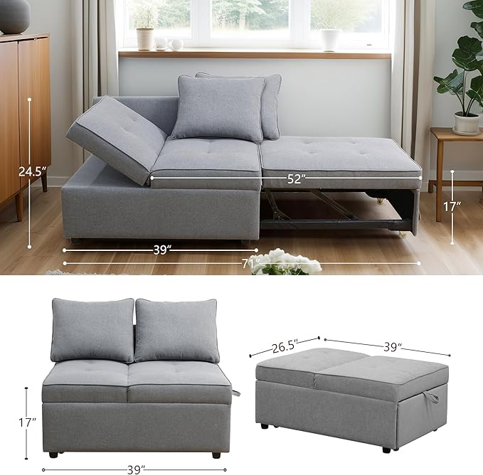 Sleeper Sofa 4-in-1 Convertible Ottoman Couch Bed Modern Sackcloth Futon Sofa Bed with 2 Pillows Adjustable Backrest Recliner Folding Loveseat for Living Room Apartment Dorm OfficeGrey