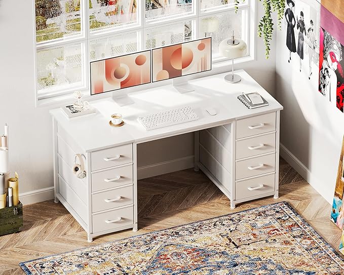 Casaottima 48 Inches Computer Desk with 8 Fabric Drawers Modern Office Desk with Large Storage for Home Office Study White