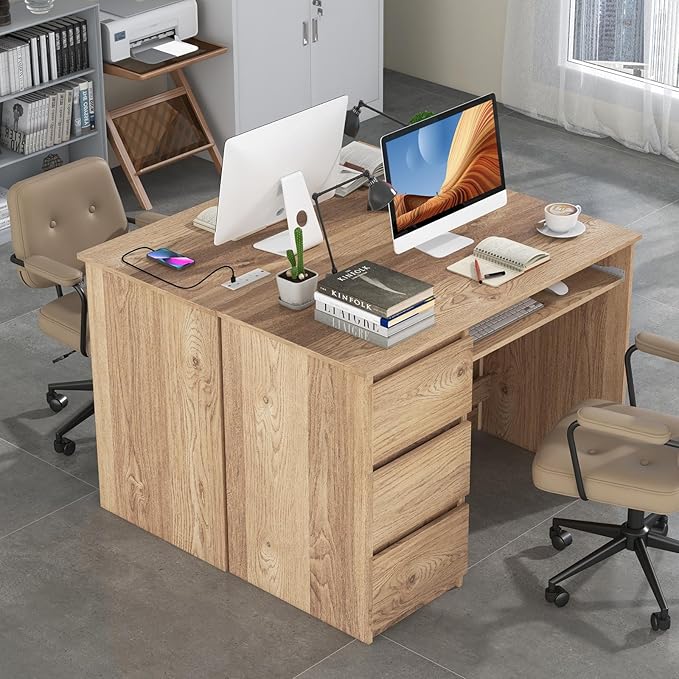Nightcore 42” Computer Desk with Power Outlets Writing Desk with 3 Storage Drawer &amp Keyboard Modern PC Workstation Study Desk for Bedroom Home Office (Natural)