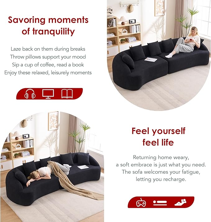 Oversized Sectional Sofa for Living Room 110 Modern Luxury Chenille 5-Seater Extra Deep &amp Wide Seat Curved Cloud Couch with 5 Throw Pillows No Assembly Needed Cream Black