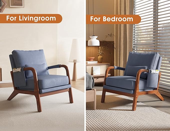 Mid Century Modern Chair Set of 2 Upholstered Lounge Arm Chair with Solid Wood Frame Comfy Accent Chair for Living Room Bedroom Reading Reception Grayish Blue