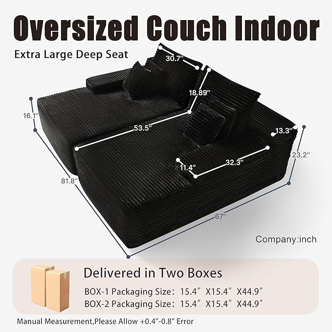 82'' Oversized Boneless Memory Foam Chaise Lounge Chair Sofa Sleeper Large Convertible Comfy Cloud Couches Living Room Black Plush Corduroy Sofa Bed.