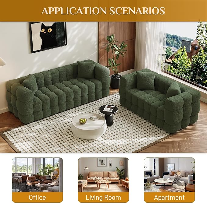2 Piece Boucle Sofa Couch Set Comfy Upholstered Sherpa Deep Seat Cloud Couch and Loveseat Modern Tufted 3 Seater and 2 Seater Love Seat Sofa for Living Room Apartment Olive Green