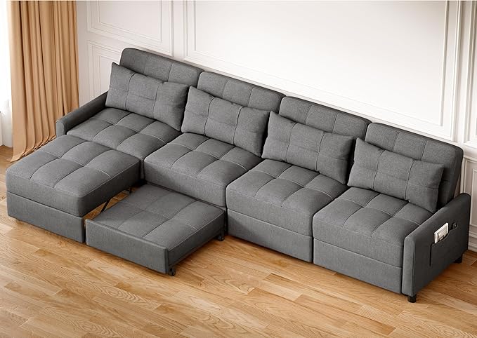 Aiho Pull Out Couch Convertible Sofa Bed with Adjustable Backrest 5 Seater Sectional Sleeper Sofa Couch Bed with Spring Support for Apartment Living Room Dark Grey