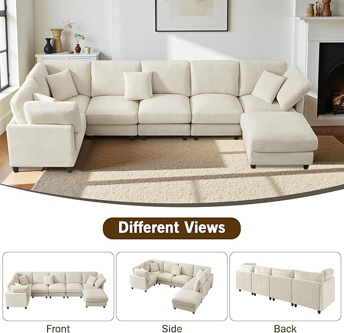 Modular Sectional Sofa Oversized Chenille Cloud Couch with Movable Ottoman 7 Seater Cloud Sectional Couch Convertible L/U-Shape and Sofa Bed Couches for Living Room Beige