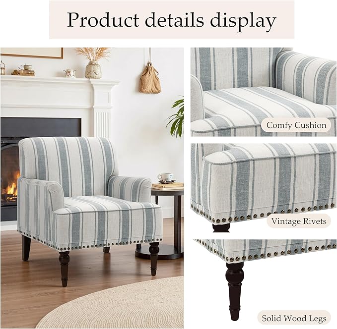 Accent Chair Stripe Armchair for Small Space Comfy Upholstered Club Arm Chair in Fabric Single Reading Chair for Living Room Bedroom Office(Blue Stripe)