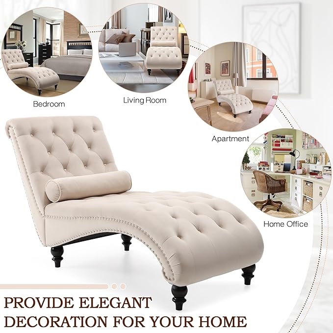 SLEERWAY Chaise Lounge Chair Indoor Modern Velvet Upholstered Sofa with Solid Wooden Leg and Lumbar Pillow Button Tufted Sleeper Chaise Lounge Chairs for Bedroom Living Room Office Beige