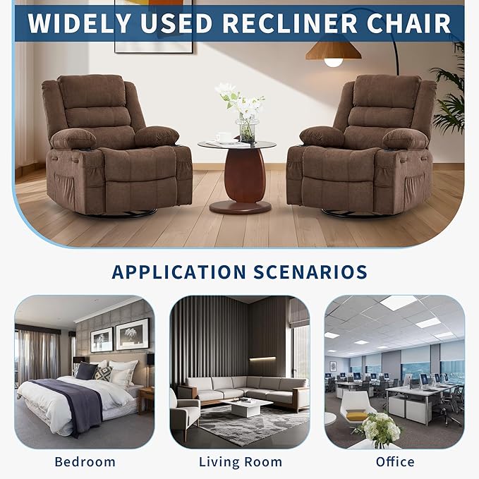360° Swivel Recliner Chair for Adult Linen Rocker Chair with 3 Positions/2 Side Pockets/Cup Holders Manual Nursery Glider Rocking Chair for Bedroom Living Room Office