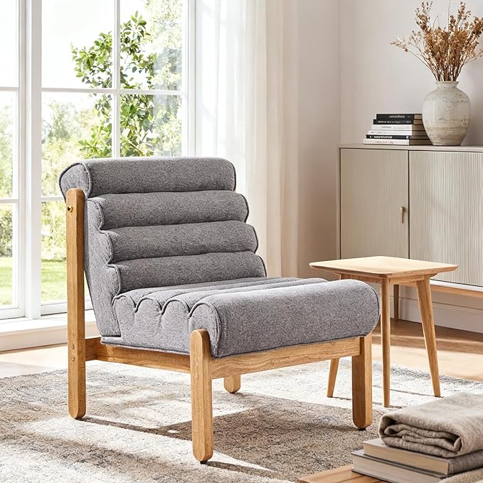 Scott Living Fluffy Low Profile Accent Chair Modern Living Room Armless Lounge Chair Fabric Comfy Reading Chair for Bedroom Wooden Frame and Thick Padded Seat Grey+Natural