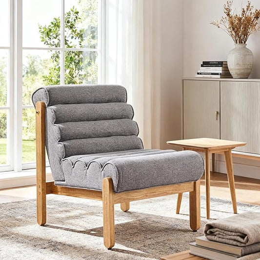 Scott Living Fluffy Low Profile Accent Chair Modern Living Room Armless Lounge Chair Fabric Comfy Reading Chair for Bedroom Wooden Frame and Thick Padded Seat Grey+Natural
