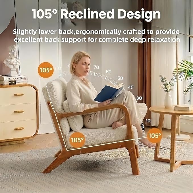 Mid-Century Modern Accent Chair Lounge Reading Armchair with Comfy Cushion &amp Lumbar Pillow &amp Solid Wood Frame for Living RoomBedroomGuest RoomSherpa FabricCreamWhite