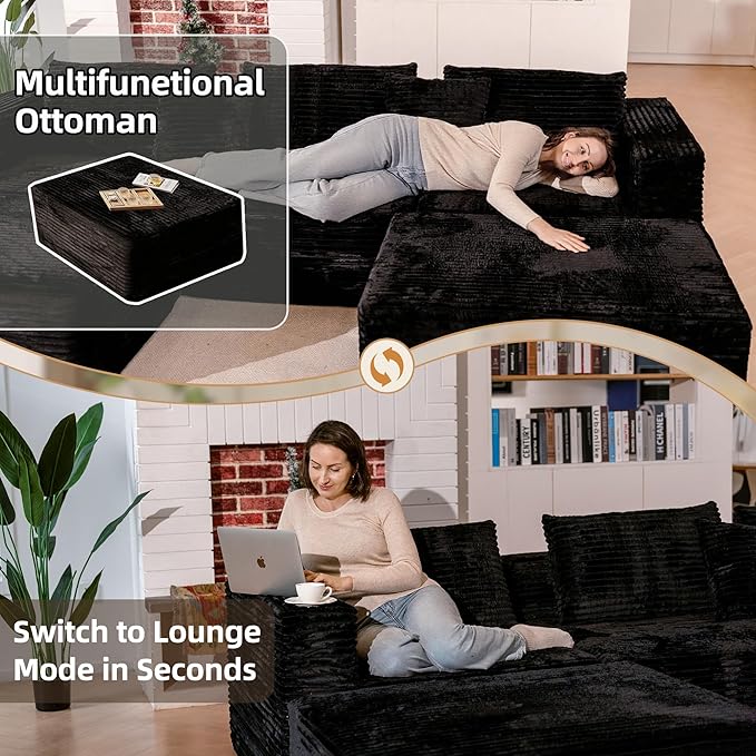110 Modular Sectional Boneless Sofa with 2 Ottomans Corduroy U-Shaped Modular Sectional Sofa Convertible Cloud Couch with Deep Seats No Assembly Required (Black 110 3Seat+2 0ttoman)