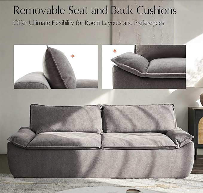 HULALA HOME 89 Compressed Foam Sofa Boneless Couch Oversized Cloud Couh with Deep Seat Modern 3 Seater Sofa with Removable Seat and Back Cushions No Assembly Required Grey
