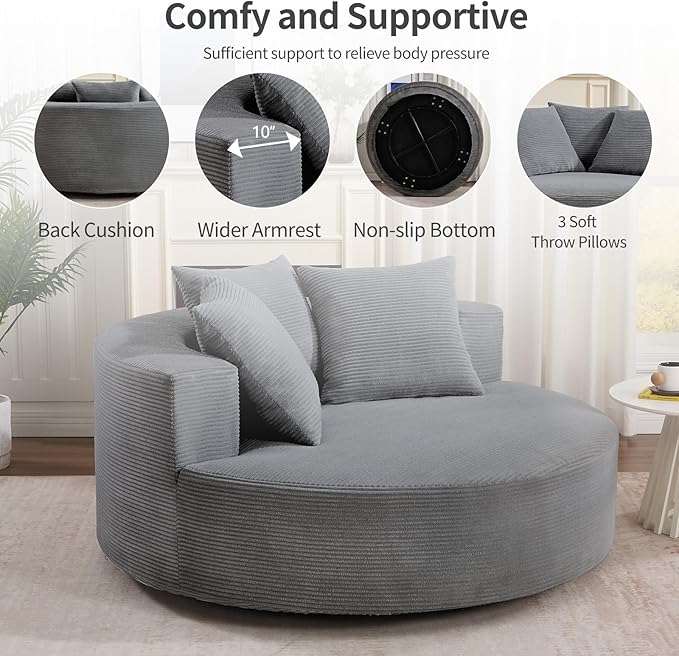 CANMOV Oversized Round Swivel Chaise Longue Chair Indoor Upholstered Corduroy Deep Seat Cloud Large Circle Sofa Chair Modern Single Cloud Sofa Bed for Living Room Bedroom Apartment Office Dark Gary