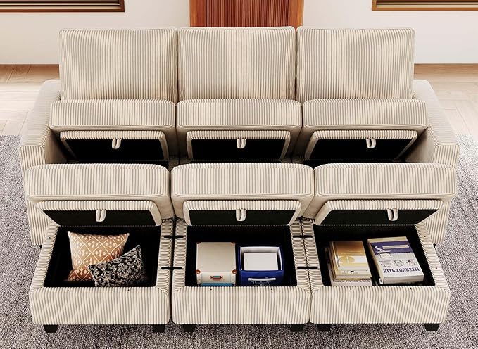Belffin Corduroy Sectional Sleeper Sofa with Storage Ottoman Modular Luxury Sectional Sofa with Chaise Convertible Modern Sectional for Living Room Beige
