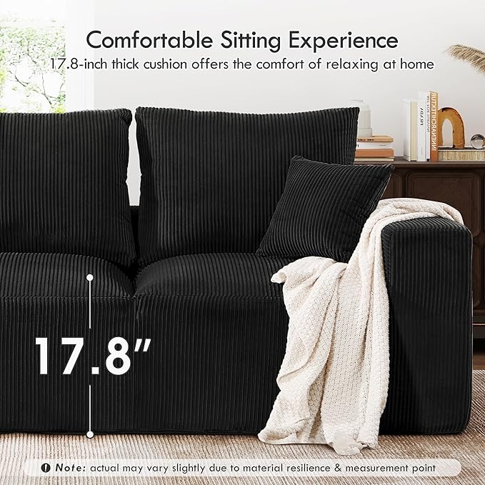 108 Modular Cloud Sectional Sofa 17.8 Comfort Height &amp Neck Pillow Modern Corduroy Couch with L-Shape Oversized Chaise for Living Room Bedroom No Assembly Required (Black)