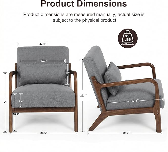 Mid Century Accent Chair Comfy Arm Chair with Solid Wood Frame Upholstered Modern Chair for Living Room Bedroom Waiting Room Dark Grey