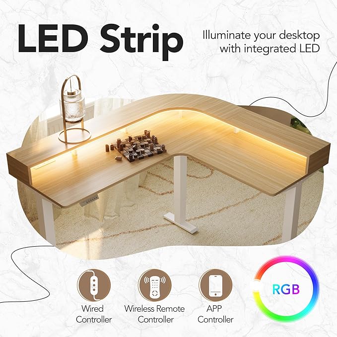 HUANUO Electric L Shaped Standing Desk with File Cabinet 63 x 55 Height Adjustable Sit Stand up Desk with LED Strip Power Outrlets &amp Cable Management Tray Corner Computer Table Light Walnut