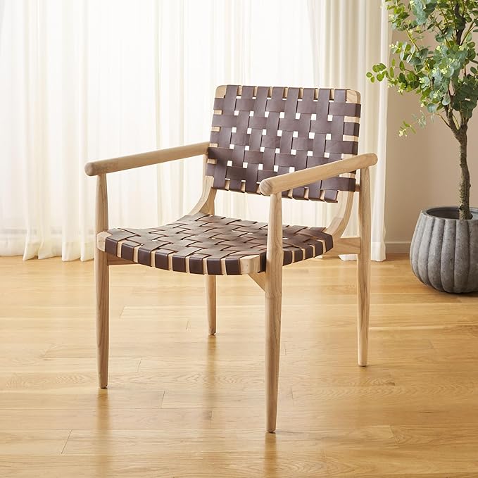 SAFAVIEH Home Collection Dionne Natural Sungkai Solid Wood/Cognac Brown Leather Woven Accent Chair (Fully Assembled)
