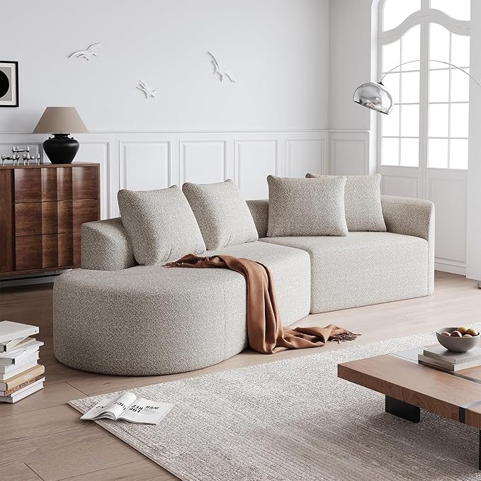 112-inch Curved Sofa Modular Sectional Modern Oversized Chenille Cloud Memory Foam Compression Boneless Sofa Couch with 4 Pillows for Living Room Bedroom Office Left Facing Chaise Beige