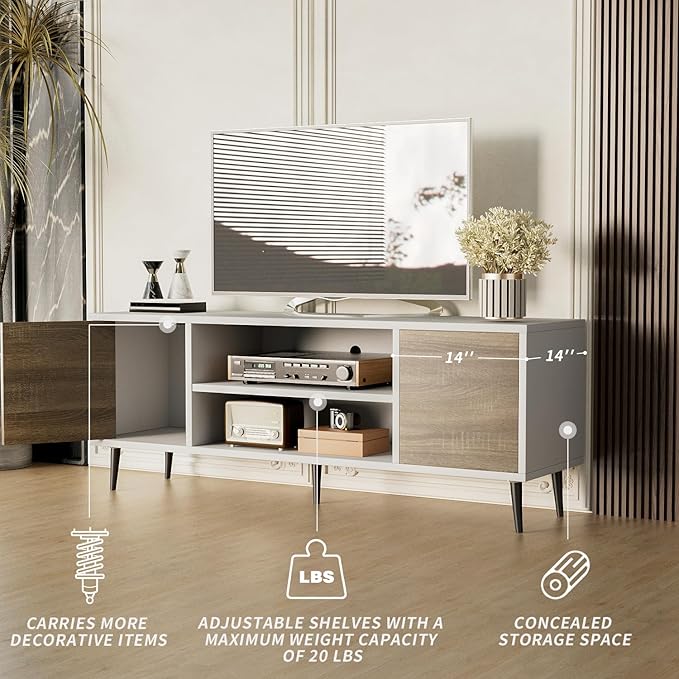 JUMMICO TV Stand for 65 Inch TV Mid Century Modern TV Stand Entertainment Center with Storage Cabinet and Open Shelves TV Console Table Media Cabinet for Living Room and Bedroom (Oak)